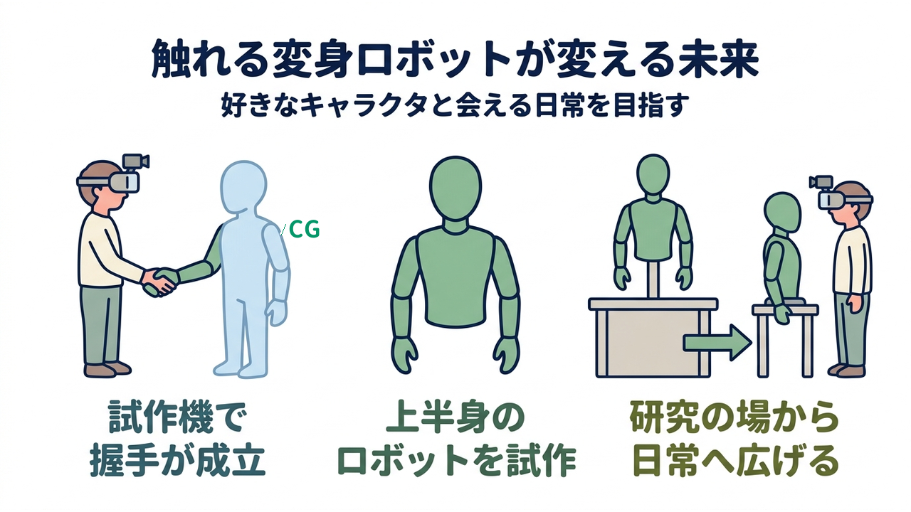 触れる変身ロボットが変える未来｜好きなキャラクタと会える日常を目指す｜試作機で・握手が成立／上半身の・ロボットを試作／研究の場から・日常へ広げる