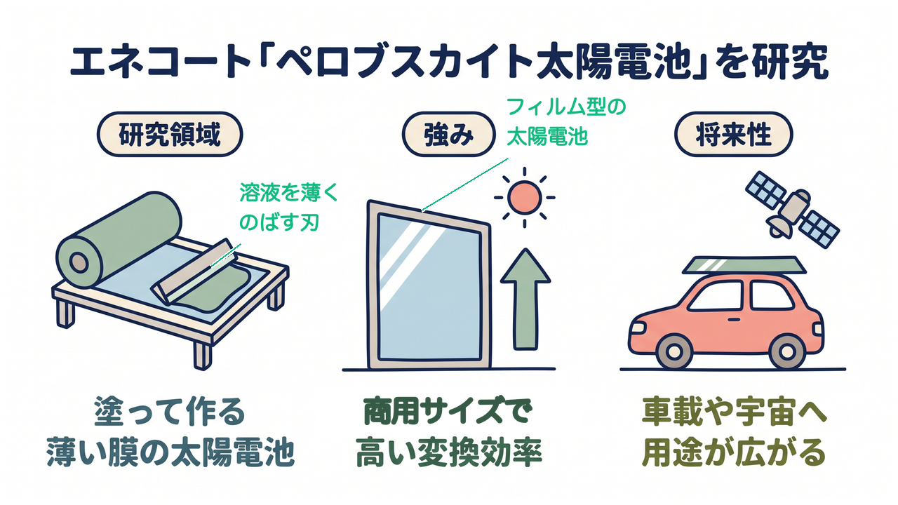 エネコート「ペロブスカイト太陽電池」を研究｜研究領域=塗って作る薄い膜の太陽電池／強み=商用サイズで変換効率17.2%／将来性=車載や宇宙へ用途が広がる／解説つき＝溶液を薄くのばす刃・フィルム型の太陽電池