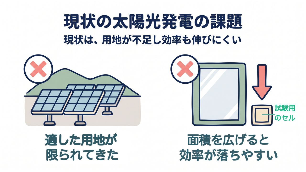 現状の太陽光発電の課題｜現状は、用地が不足し効率も伸びにくい／適した用地が限られてきた／面積を広げると効率が落ちやすい／解説つき＝試験用のセル