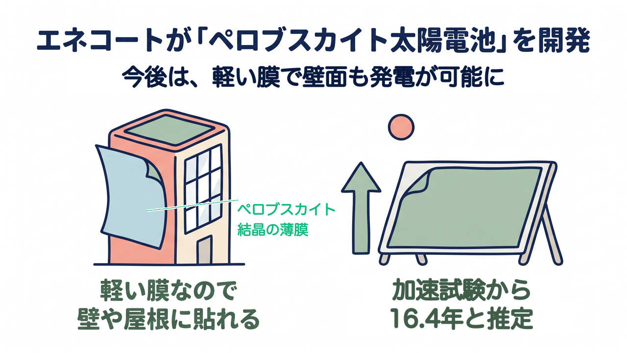 エネコートが「ペロブスカイト太陽電池」を開発｜今後は、軽い膜で壁面も発電が可能に／軽い膜なので壁や屋根に貼れる／加速試験から16.4年と推定／解説つき＝ペロブスカイト結晶の薄膜