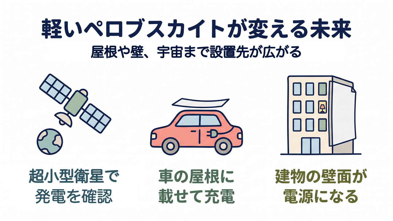 軽いペロブスカイトが変える未来｜屋根や壁、宇宙まで設置先が広がる／超小型衛星で発電を確認／車の屋根に載せて充電／建物の壁面が電源になる