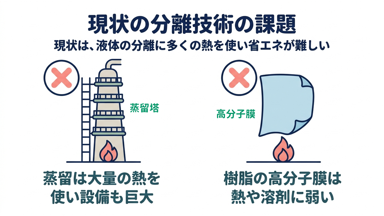 現状の分離技術の課題｜現状は、液体の分離に多くの熱を使い省エネが難しい／蒸留は大量の熱を使い設備も巨大／樹脂の高分子膜は熱や溶剤に弱い