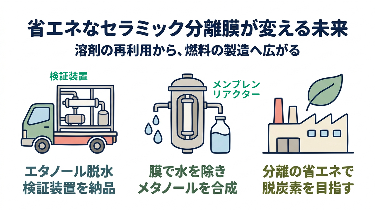 省エネなセラミック分離膜が変える未来｜溶剤の再利用から、燃料の製造へ広がる／エタノール脱水検証装置を納品／膜で水を除きメタノールを合成／分離の省エネで脱炭素を目指す