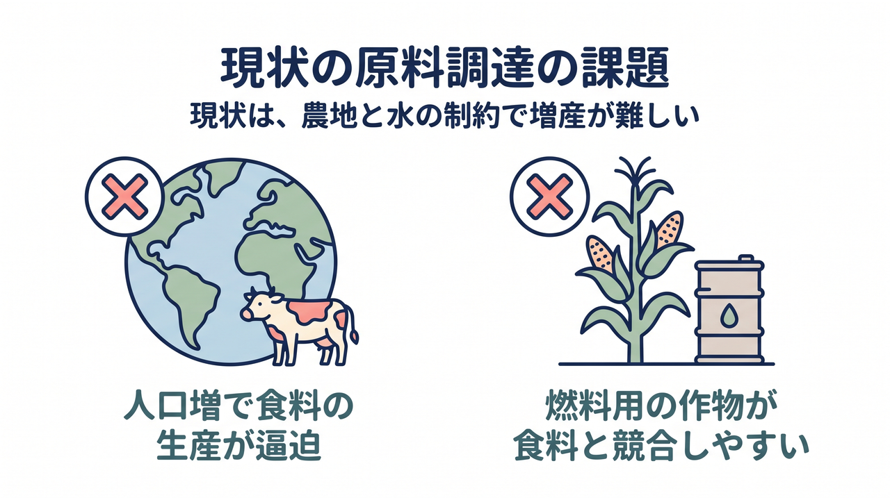 現状の原料調達の課題｜現状は、農地と水の制約で増産が難しい／人口増で食料の生産が逼迫／燃料用の作物が食料と競合しやすい