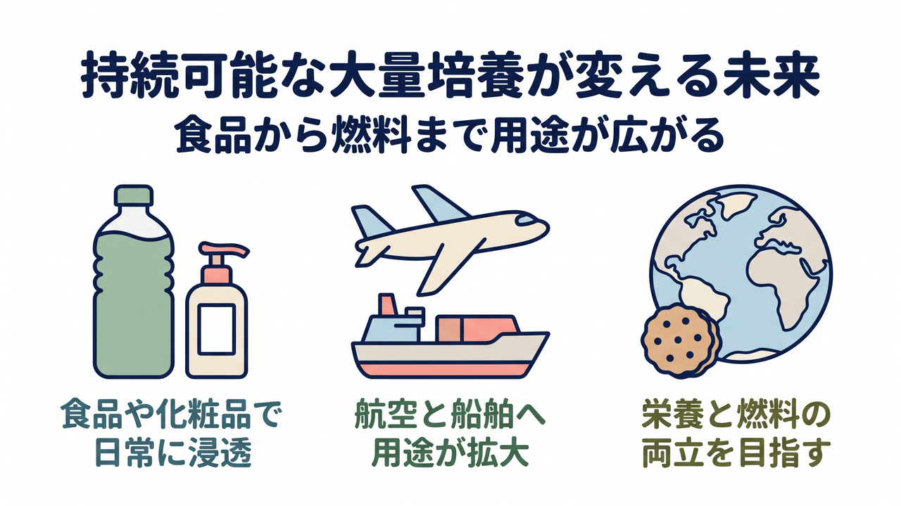 持続可能な大量培養が変える未来｜食品から燃料まで用途が広がる／食品や化粧品で日常に浸透／航空と船舶へ用途が拡大／栄養と燃料の両立を目指す