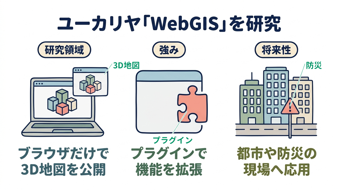ユーカリヤ「WebGIS」を研究｜研究領域=ブラウザだけで・3D地図を公開／強み=プラグインで・機能を拡張／将来性=都市や防災の・現場へ応用
