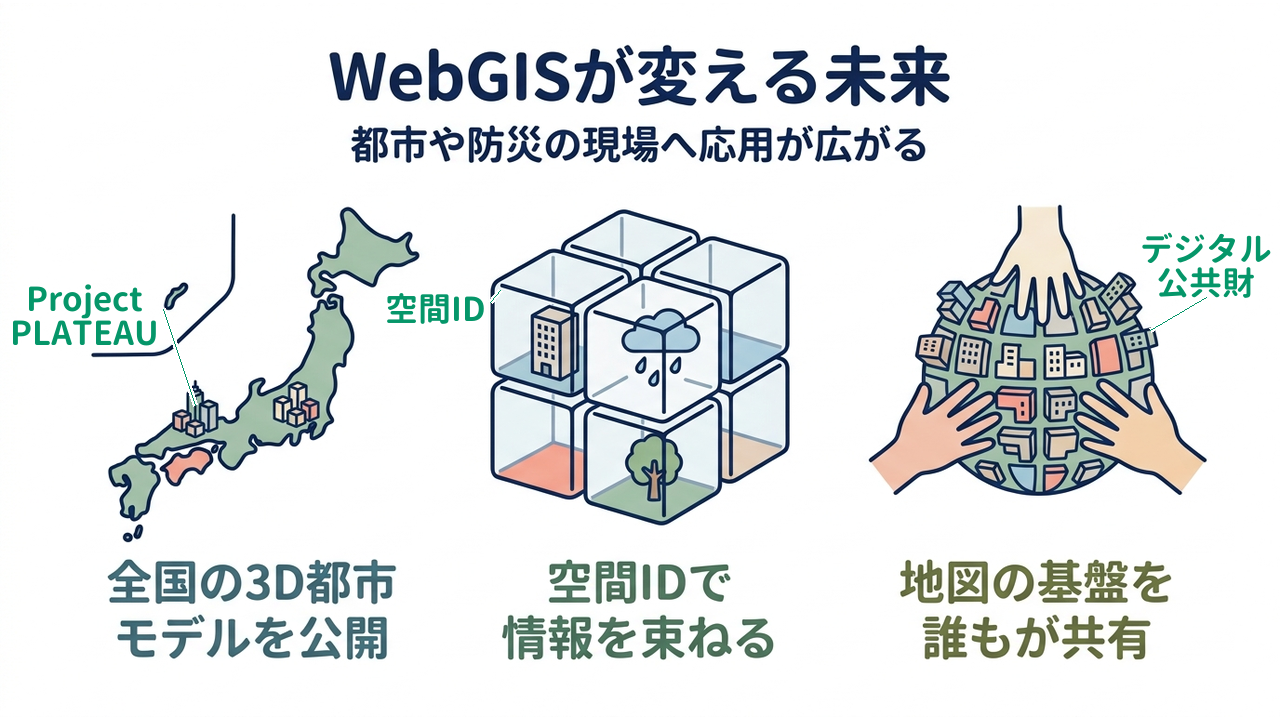 WebGISが変える未来｜都市や防災の現場へ応用が広がる｜全国の3D都市・モデルを公開／空間IDで・情報を束ねる／地図の基盤を・誰もが共有