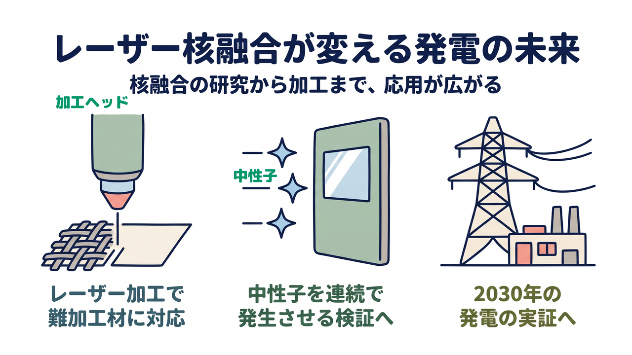 レーザー核融合が変える発電の未来|核融合の研究から加工まで、応用が広がる/レーザー加工で難加工材に対応/中性子を連続で発生させる検証へ/2030年の発電の実証へ