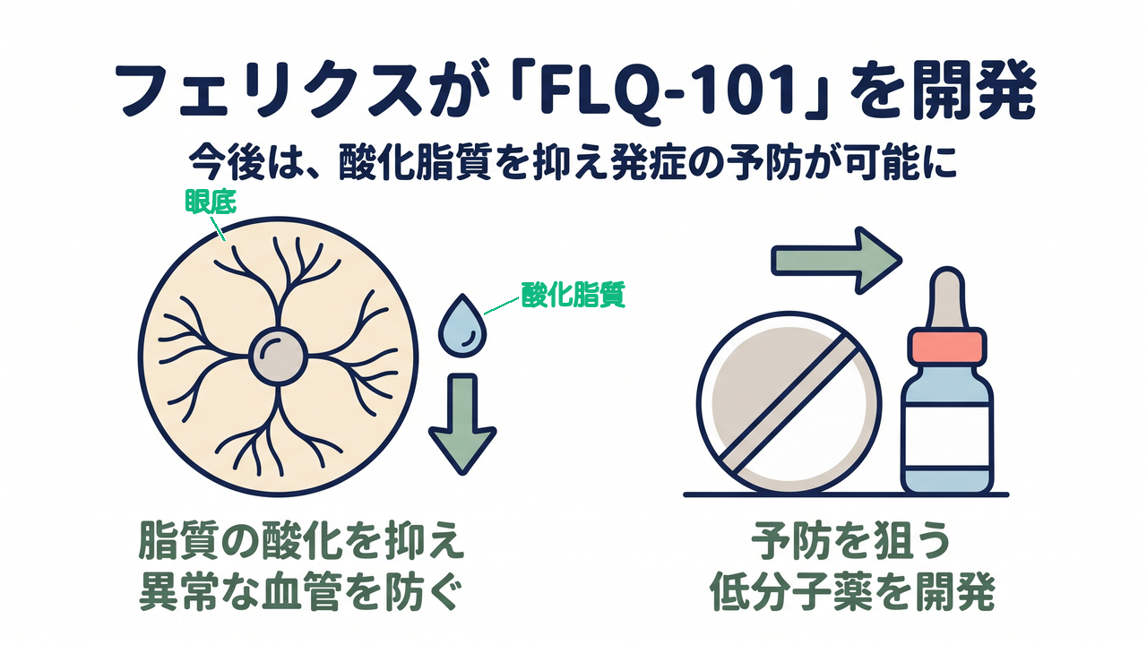 フェリクスが「FLQ-101」を開発|今後は、酸化脂質を抑え発症の予防が可能に/脂質の酸化を抑え、異常な血管を防ぐ/予防を狙う、低分子薬を開発