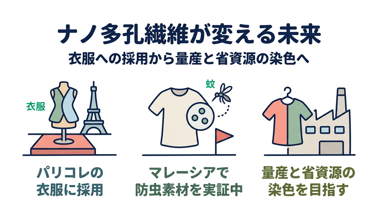 ナノ多孔繊維が変える未来|衣服への採用から量産と省資源の染色へ|パリコレの・衣服に採用/マレーシアで・防虫素材を実証中/量産と省資源の・染色を目指す