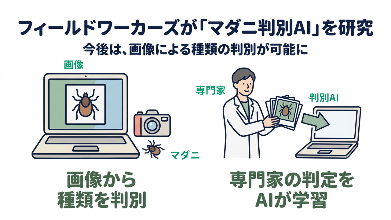 フィールドワーカーズが「マダニ判別AI」を研究｜今後は、画像による種類の判別が可能に｜画像から・種類を判別／専門家の判定を・AIが学習