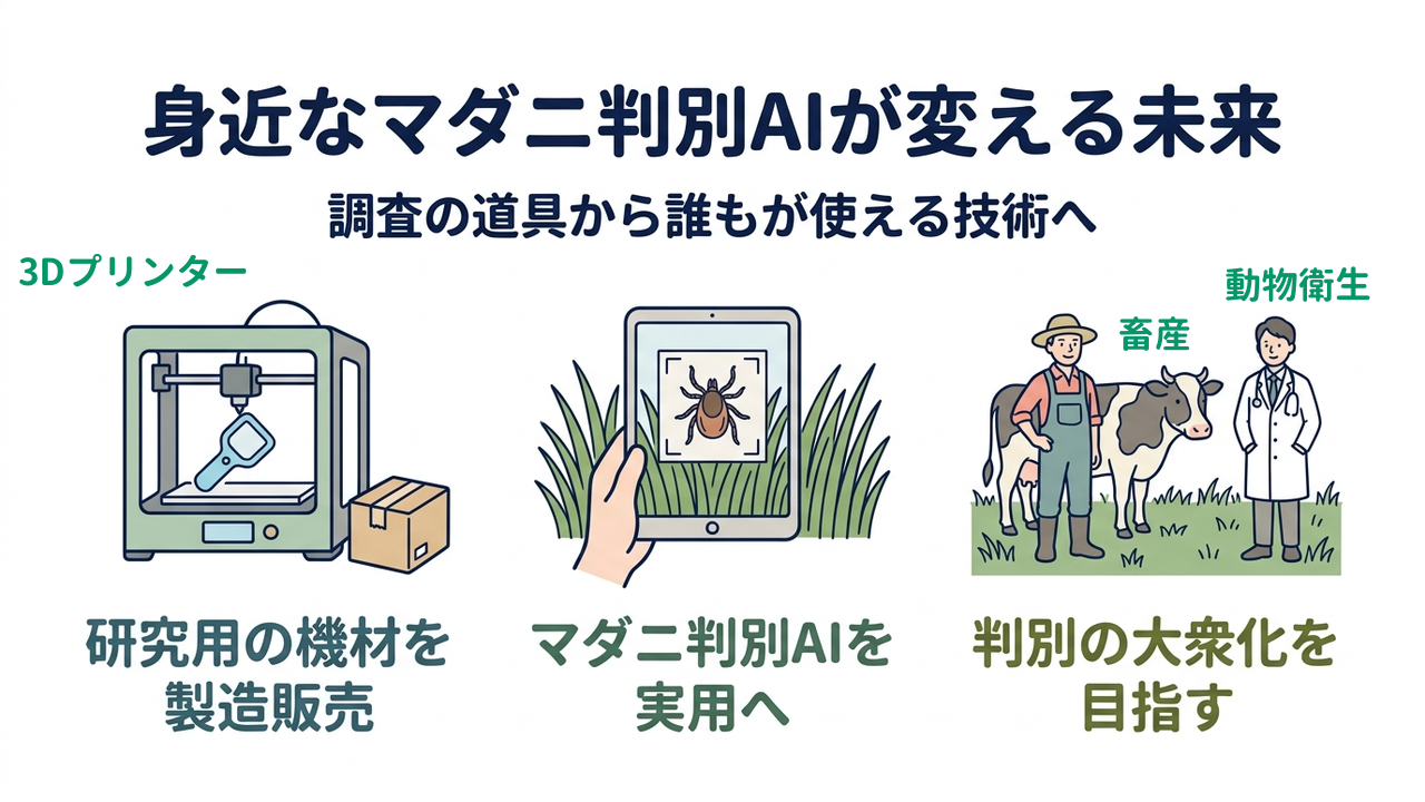 身近なマダニ判別AIが変える未来｜調査の道具から誰もが使える技術へ｜研究用の機材を・製造販売／マダニ判別AIを・実用へ／判別の大衆化を・目指す