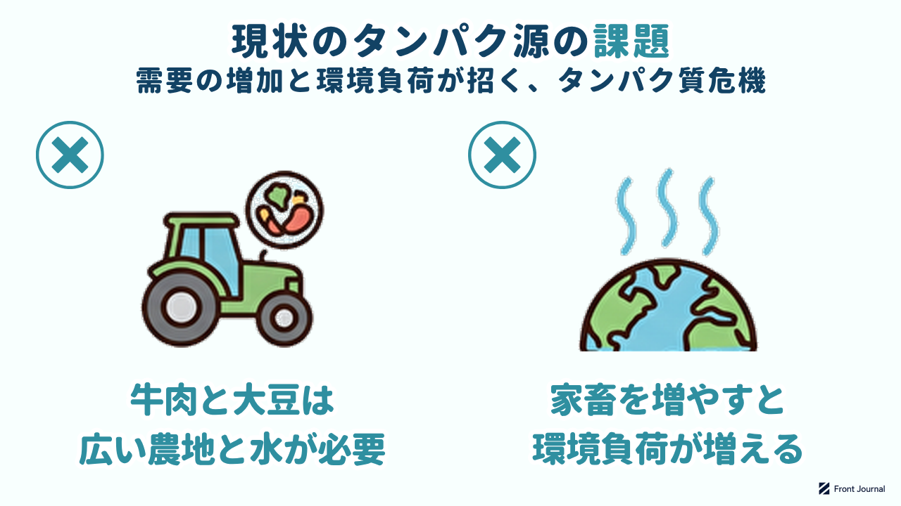 現状のタンパク源の課題｜需要の増加と環境負荷が招くタンパク質危機／牛肉と大豆は広い農地と水が必要／家畜を増やすと環境負荷が増える