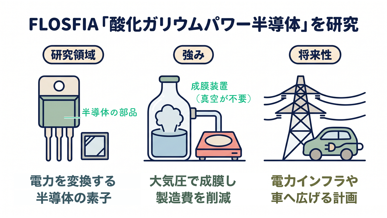 FLOSFIA「酸化ガリウムパワー半導体」を研究|研究領域=電力を変換する半導体の素子/強み=大気圧で成膜し製造費を削減/将来性=電力インフラや車へ広げる計画