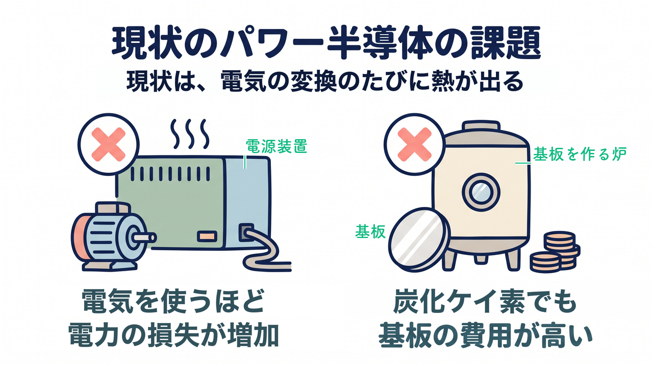 現状のパワー半導体の課題|現状は、電気の変換のたびに熱が出る/電気を使うほど電力の損失が増加/炭化ケイ素でも基板の費用が高い