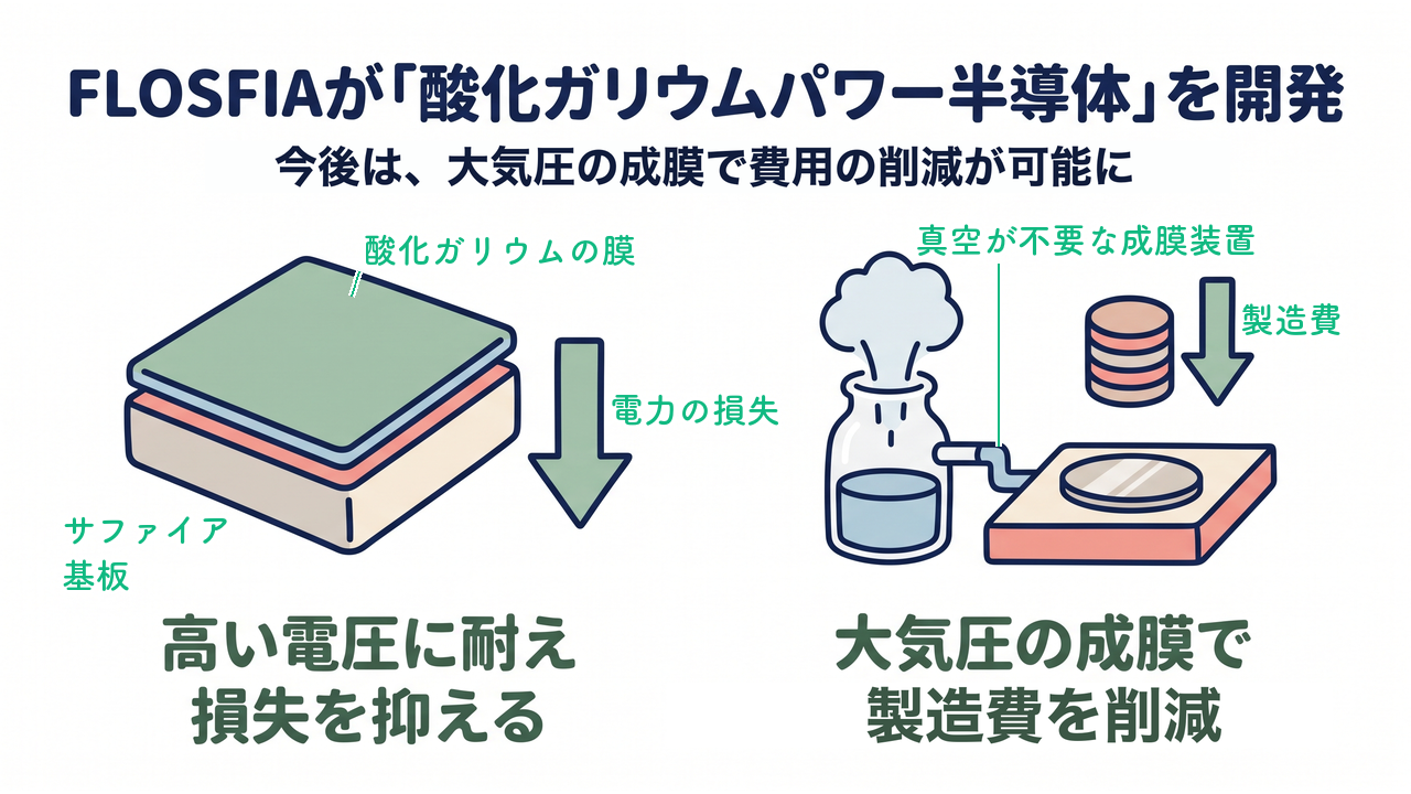 FLOSFIAが「酸化ガリウムパワー半導体」を開発|今後は、大気圧の成膜で費用の削減が可能に/高い電圧に耐え損失を抑える/大気圧の成膜で製造費を削減