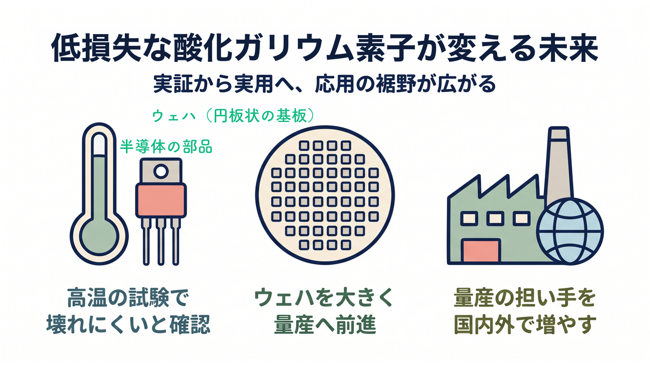 低損失な酸化ガリウム素子が変える未来|実証から実用へ、応用の裾野が広がる/高温の試験で壊れにくいと確認/ウェハを大きく量産へ前進/量産の担い手を国内外で増やす
