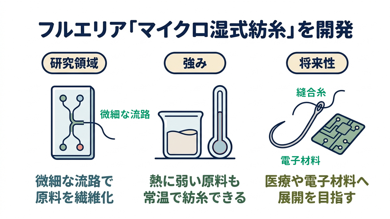 フルエリア「マイクロ湿式紡糸」を開発｜研究領域=微細な流路で・原料を繊維化／強み=熱に弱い原料も・常温で紡糸できる／将来性=医療や電子材料へ・展開を目指す