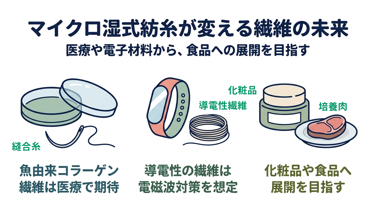 マイクロ湿式紡糸が変える繊維の未来｜医療や電子材料から、食品への展開を目指す｜魚由来コラーゲン・繊維は医療で期待／導電性の繊維は・電磁波対策を想定／化粧品や食品へ・展開を目指す