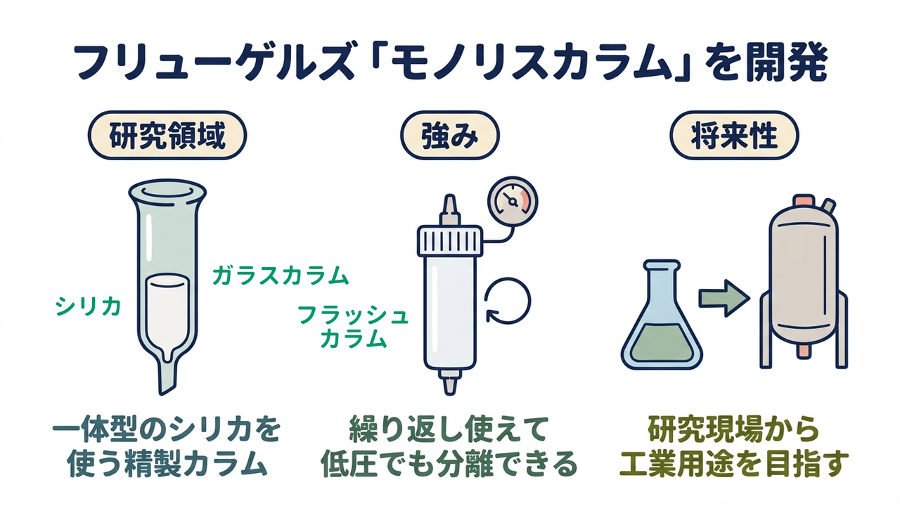 フリューゲルズ「モノリスカラム」を開発|研究領域=一体型のシリカを・使う精製カラム/強み=繰り返し使えて・低圧でも分離できる/将来性=研究現場から・工業用途を目指す