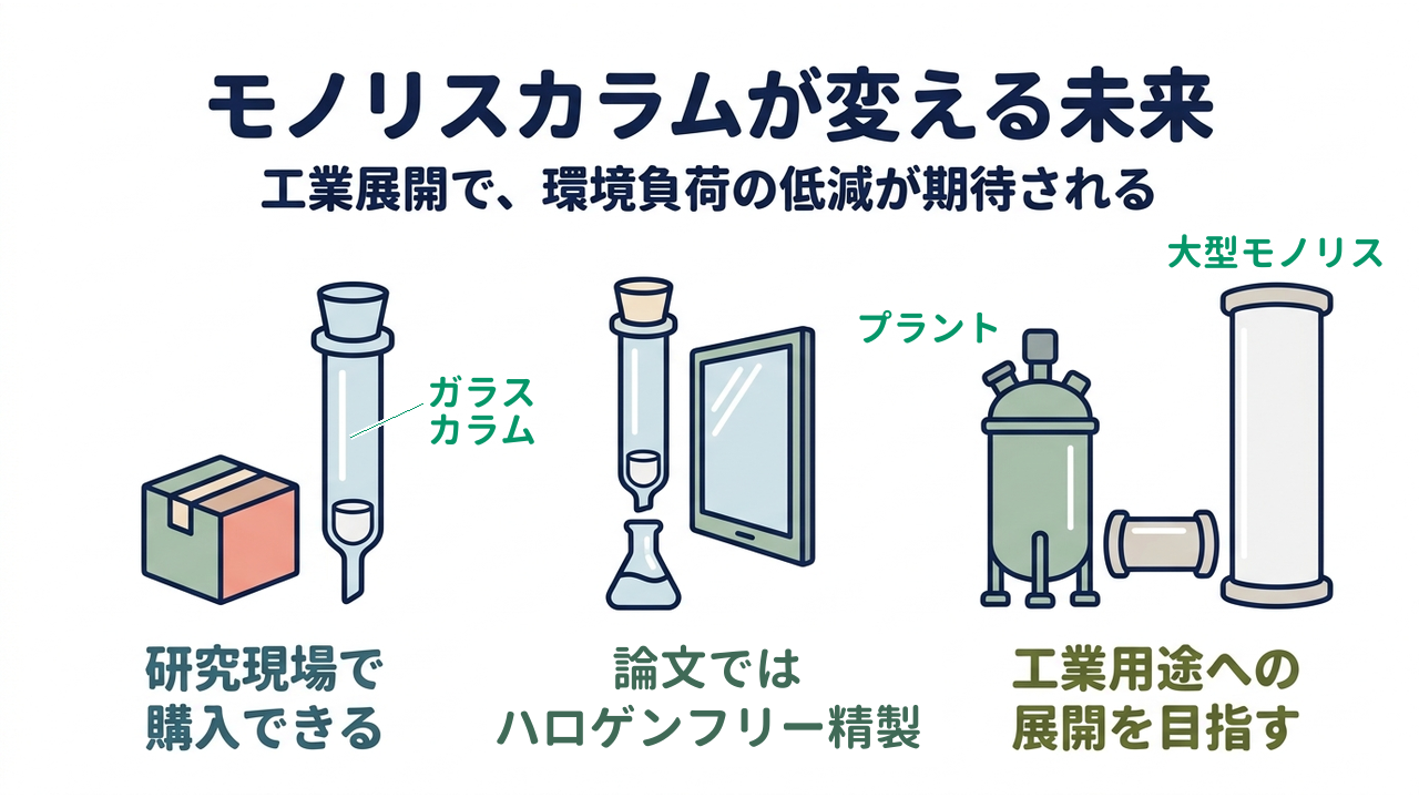 モノリスカラムが変える未来|工業展開で、環境負荷の低減が期待される|研究現場で・購入できる/論文では・ハロゲンフリー精製/工業用途への・展開を目指す
