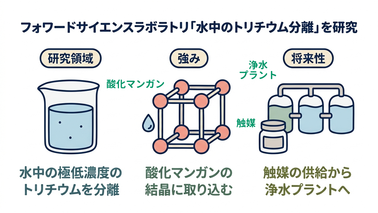 フォワードサイエンスラボラトリ「水中のトリチウム分離」を研究｜研究領域=水中の極低濃度の・トリチウムを分離／強み=酸化マンガンの・結晶に取り込む／将来性=触媒の供給から・浄水プラントへ