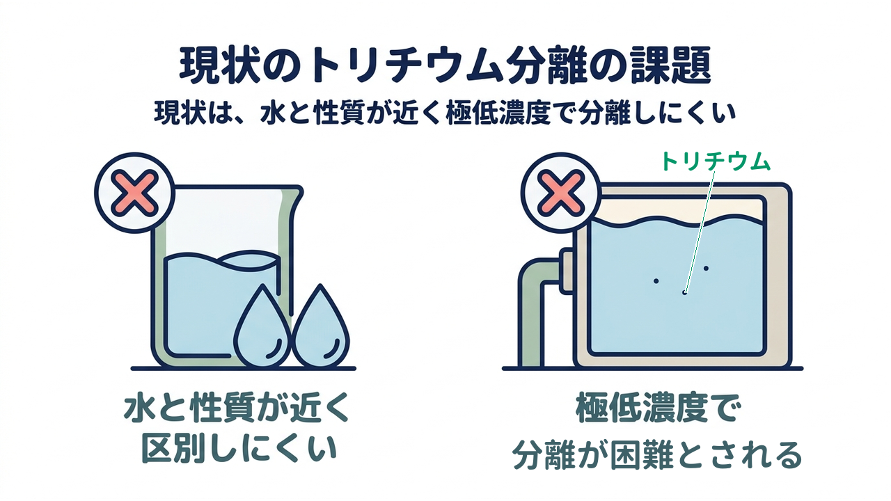 現状のトリチウム分離の課題｜現状は、水と性質が近く極低濃度で分離しにくい｜水と性質が近く・区別しにくい／極低濃度で・分離が困難とされる
