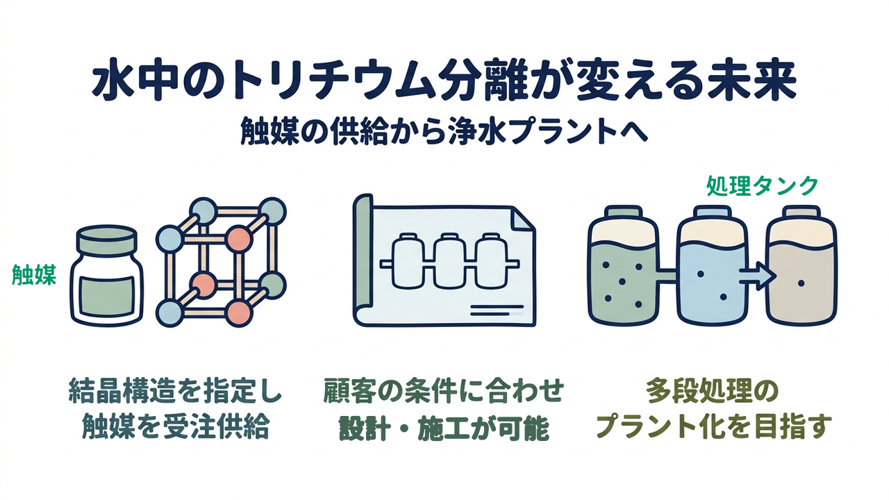 水中のトリチウム分離が変える未来｜触媒の供給から浄水プラントへ｜結晶構造を指定し・触媒を受注供給／顧客の条件に合わせ・設計・施工が可能／多段処理の・プラント化を目指す