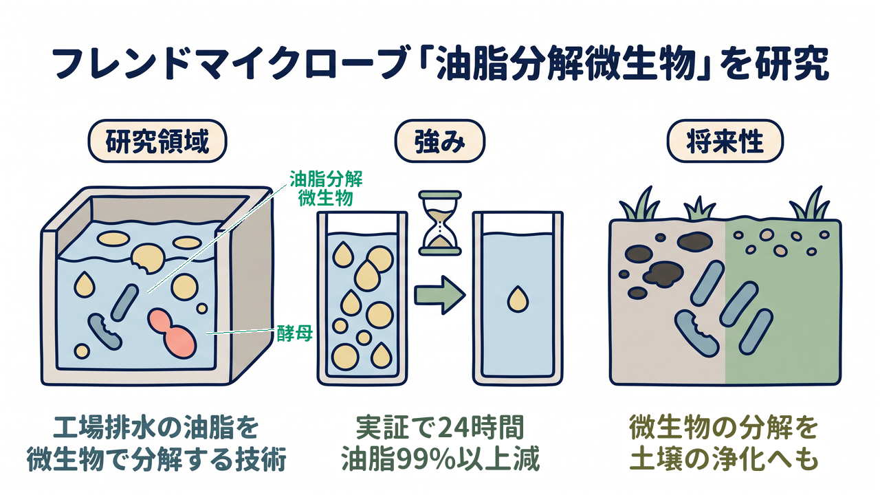 フレンドマイクローブ｜研究領域=工場排水の油脂を微生物で分解する技術／強み=実証で24時間油脂99%以上減／将来性=微生物の分解を土壌の浄化へも