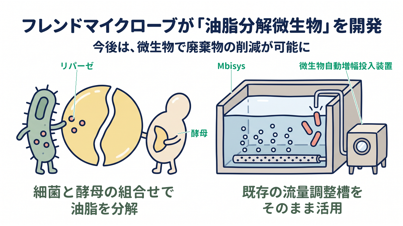フレンドマイクローブが「油脂分解微生物」を開発｜細菌と酵母の組合せで油脂を分解／既存の流量調整槽をそのまま活用