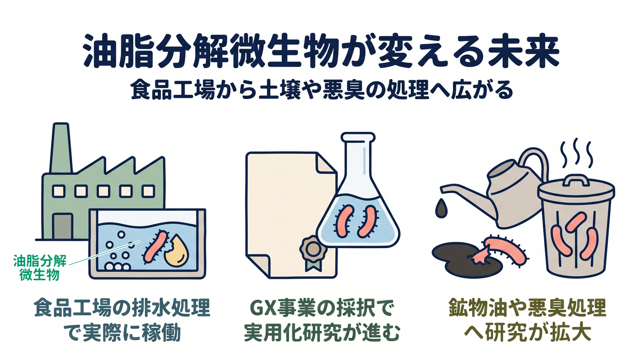 油脂分解微生物が変える未来｜食品工場の排水処理で実際に稼働／GX事業の採択で実用化研究が進む／鉱物油や悪臭処理へ研究が拡大