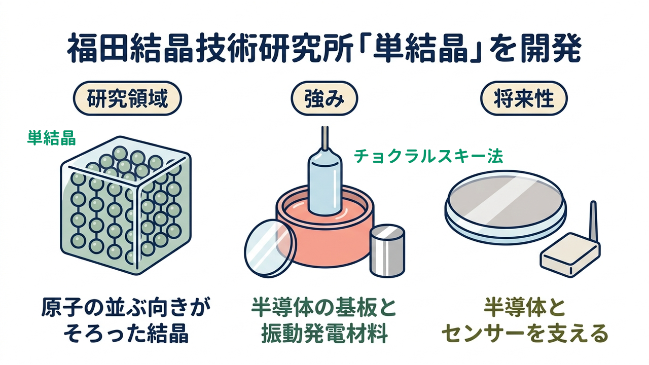 福田結晶技術研究所「単結晶」を開発｜研究領域=原子の並ぶ向きがそろった結晶／強み=半導体の基板と振動発電材料／将来性=半導体とセンサーを支える