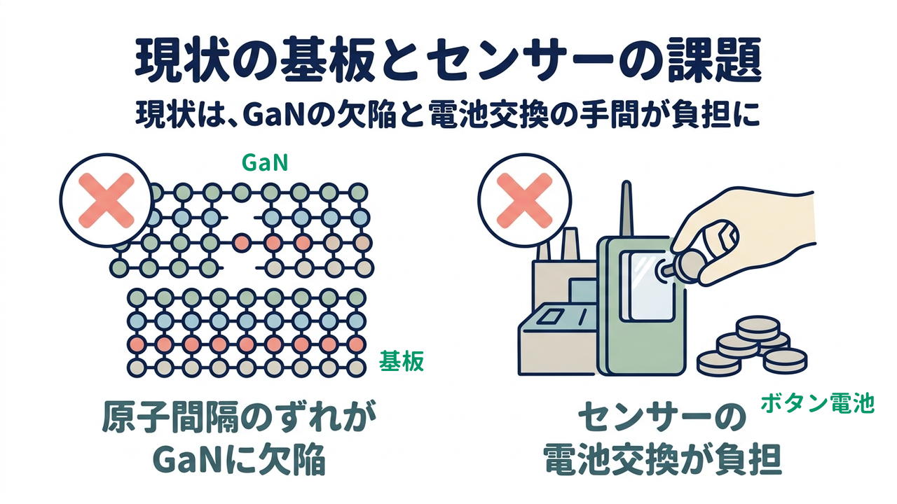 現状の基板とセンサーの課題｜現状は、GaNの欠陥と電池交換の手間が負担に／原子間隔のずれがGaNに欠陥／センサーの電池交換が負担