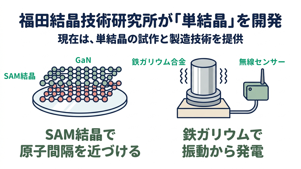福田結晶技術研究所が「単結晶」を開発｜現在は、単結晶の試作と製造技術を提供／SAM結晶で原子間隔を近づける／鉄ガリウムで振動から発電