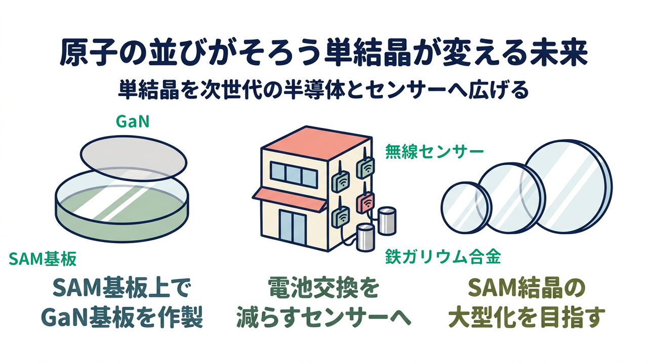 原子の並びがそろう単結晶が変える未来｜単結晶を次世代の半導体とセンサーへ広げる／SAM基板上でGaN基板を作製／電池交換を減らすセンサーへ／SAM結晶の大型化を目指す