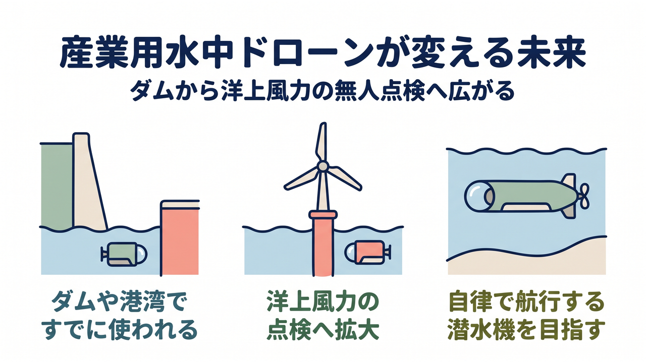産業用水中ドローンが変える未来|ダムや港湾ですでに使われ、洋上風力の点検へ拡大し、自律で航行する潜水機を目指す