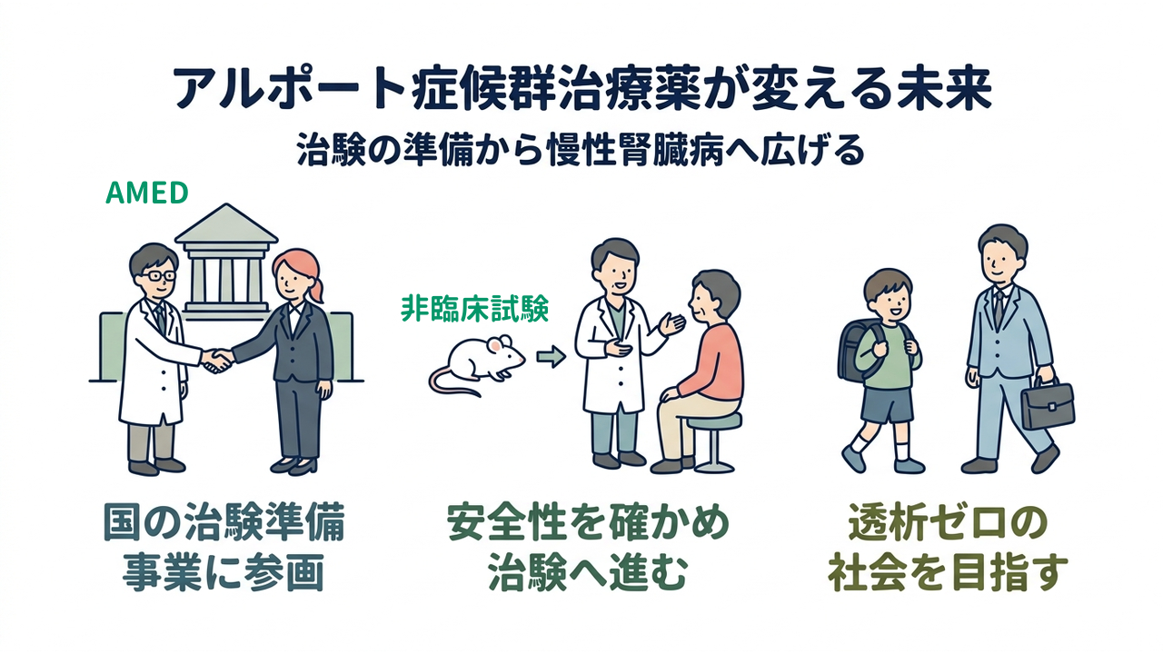 アルポート症候群治療薬が変える未来｜治験の準備から慢性腎臓病へ広げる｜国の治験準備・事業に参画／安全性を確かめ・治験へ進む／透析ゼロの・社会を目指す