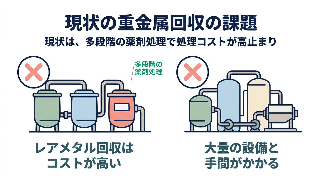 現状の重金属回収の課題｜現状は、多段階の薬剤処理で処理コストが高止まり／レアメタル回収はコストが高い／大量の設備と手間がかかる