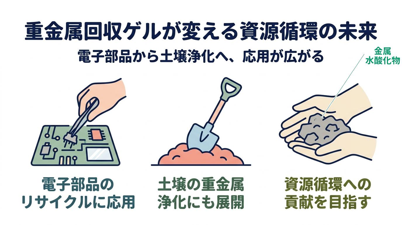 重金属回収ゲルが変える資源循環の未来｜電子部品から土壌浄化へ、応用が広がる／電子部品のリサイクルに応用／土壌の重金属浄化にも展開／資源循環への貢献を目指す