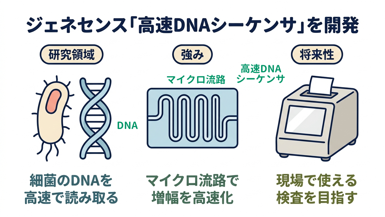 ジェネセンス「高速DNAシーケンサ」を開発｜研究領域=細菌のDNAを・高速で読み取る／強み=マイクロ流路で・増幅を高速化／将来性=現場で使える・検査を目指す