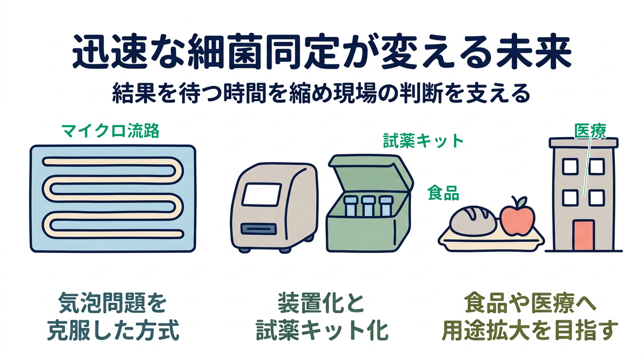 迅速な細菌同定が変える未来｜結果を待つ時間を縮め現場の判断を支える｜気泡問題を・克服した方式／装置化と・試薬キット化／食品や医療へ・用途拡大を目指す