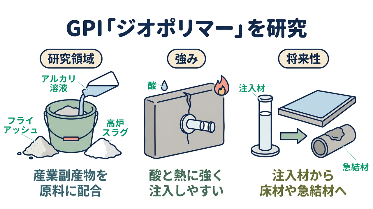 GPI「ジオポリマー」を研究|研究領域=産業副産物を・原料に配合/強み=酸と熱に強く・注入しやすい/将来性=注入材から・床材や急結材へ
