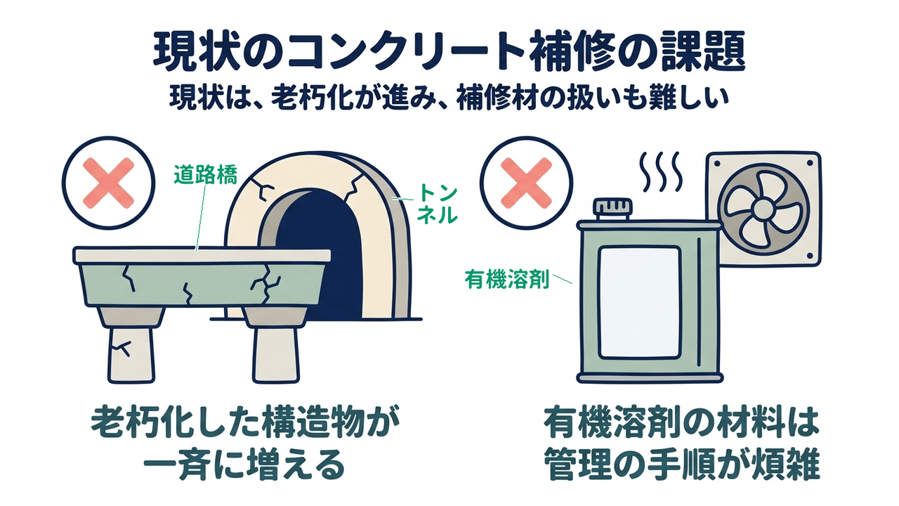 現状のコンクリート補修の課題|現状は、老朽化が進み、補修材の扱いも難しい|老朽化した構造物が・一斉に増える/有機溶剤の材料は・管理の手順が煩雑