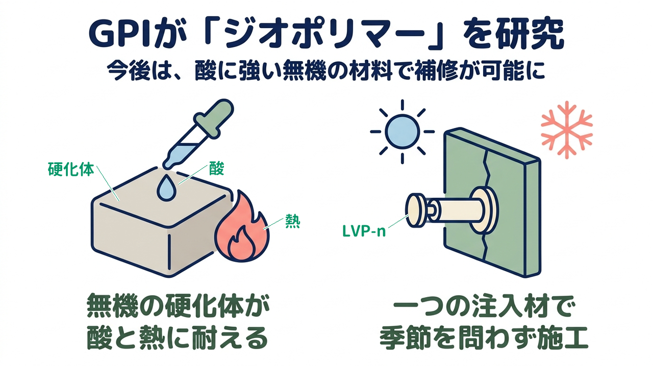 GPIが「ジオポリマー」を研究|今後は、酸に強い無機の材料で補修が可能に|無機の硬化体が・酸と熱に耐える/一つの注入材で・季節を問わず施工