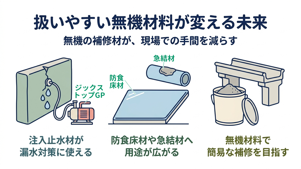 扱いやすい無機材料が変える未来|無機の補修材が、現場での手間を減らす|注入止水材が・漏水対策に使える/防食床材や急結材へ・用途が広がる/無機材料で・簡易な補修を目指す