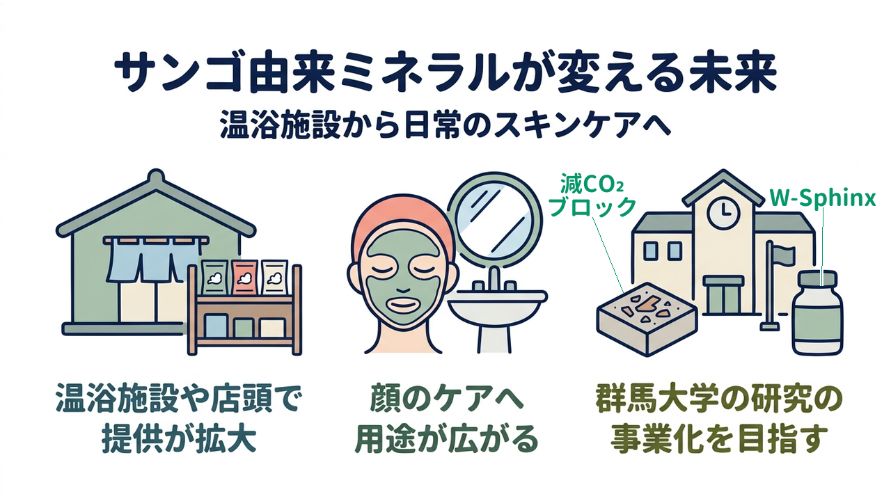 サンゴ由来ミネラルが変える未来｜温浴施設から日常のスキンケアへ｜温浴施設や店頭で・提供が拡大／顔のケアへ・用途が広がる／群馬大学の研究の・事業化を目指す