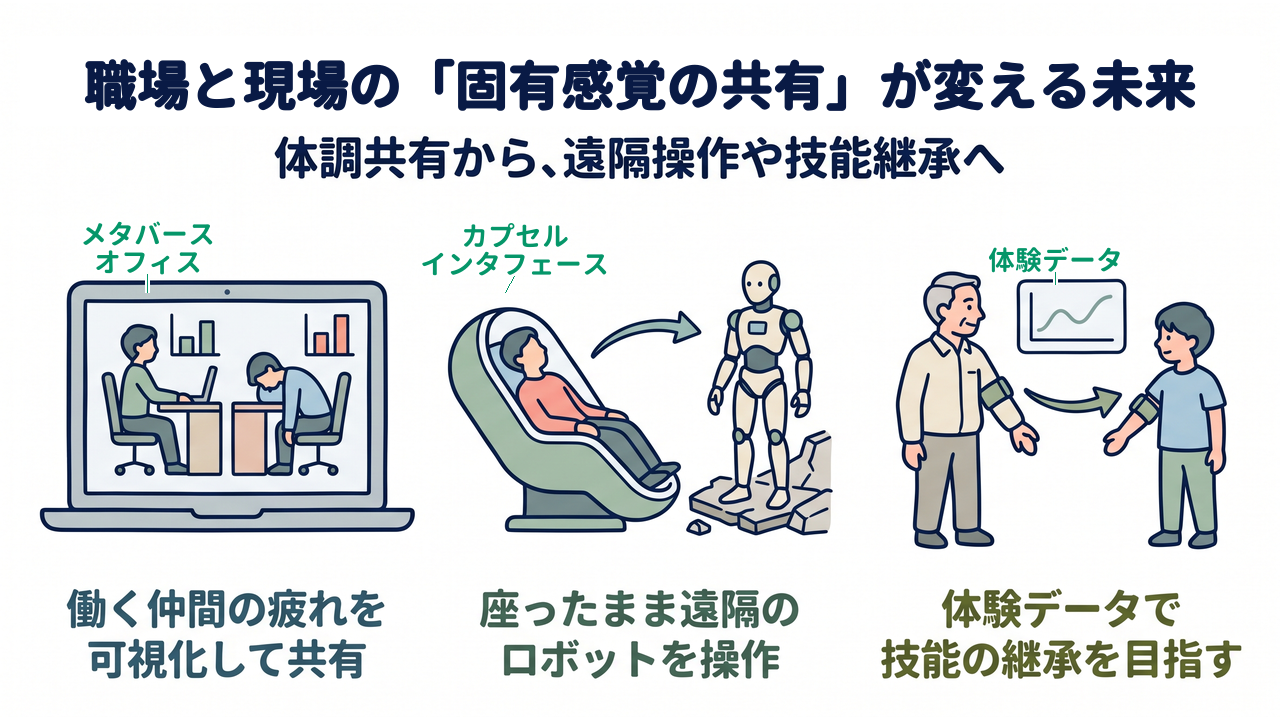 職場と現場の「固有感覚の共有」が変える未来｜体調共有から、遠隔操作や技能継承へ｜働く仲間の疲れを・可視化して共有／座ったまま遠隔の・ロボットを操作／体験データで・技能の継承を目指す