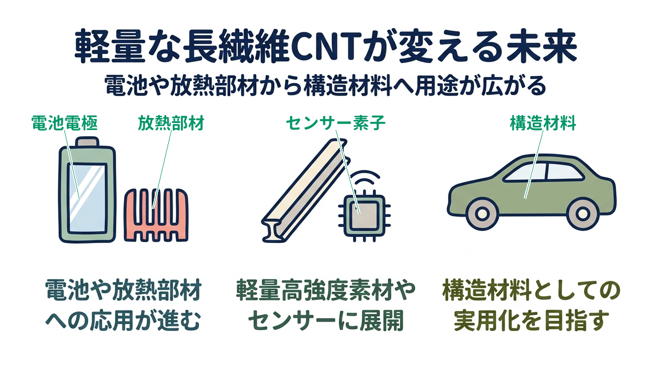 軽量な長繊維CNTが変える未来|電池や放熱部材への応用が進む/軽量高強度素材やセンサーに展開/構造材料としての実用化を目指す