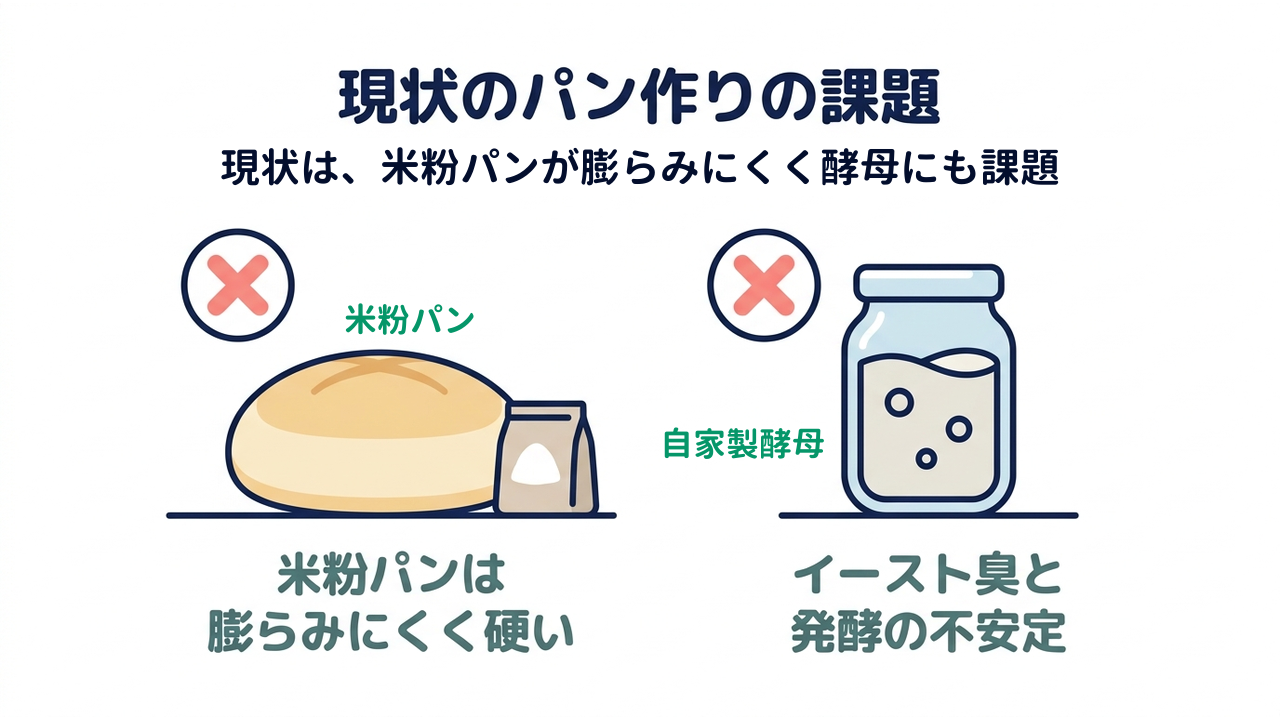現状のパン作りの課題|現状は、米粉パンが膨らみにくく酵母にも課題|米粉パンは・膨らみにくく硬い/イースト臭と・発酵の不安定