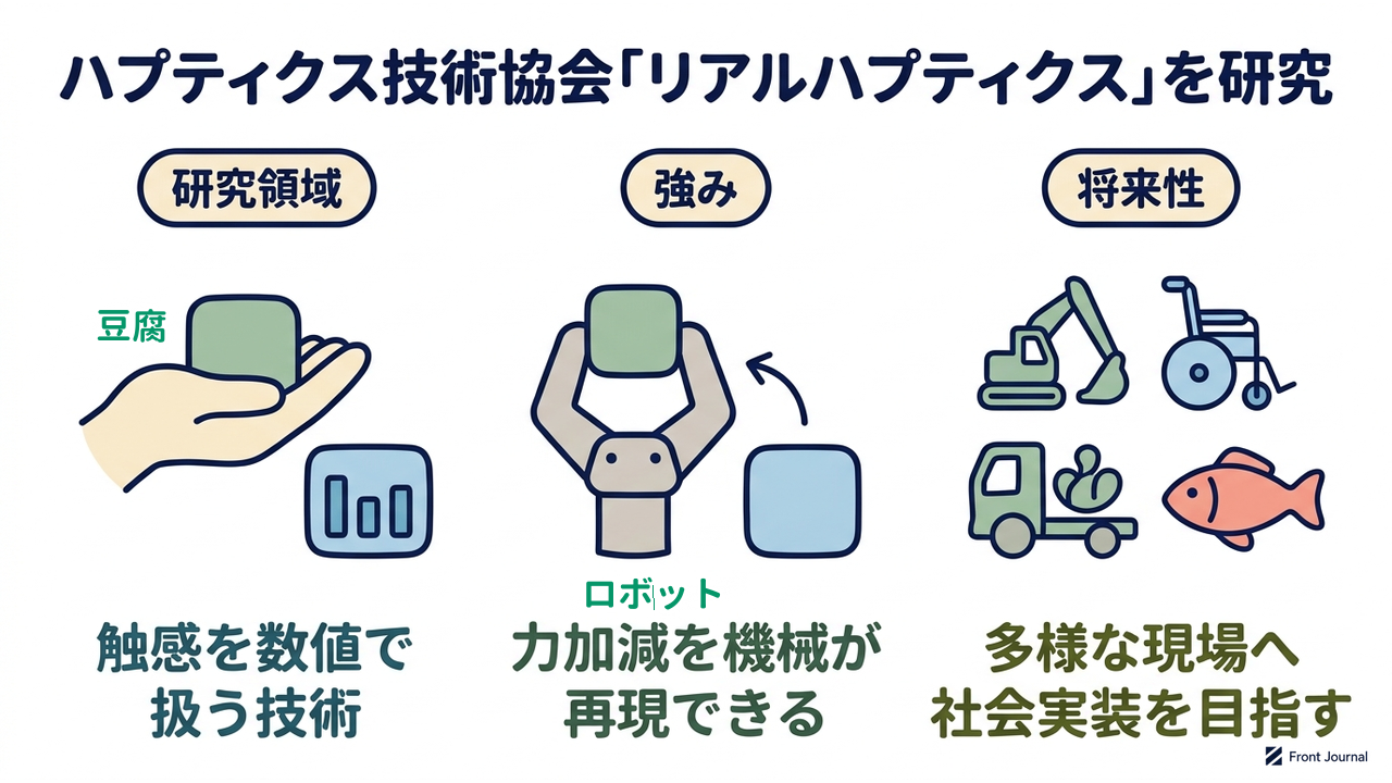 ハプティクス技術協会「リアルハプティクス」を研究｜研究領域=触感を数値で扱う技術／強み=力加減を機械が再現できる／将来性=多様な現場へ社会実装を目指す